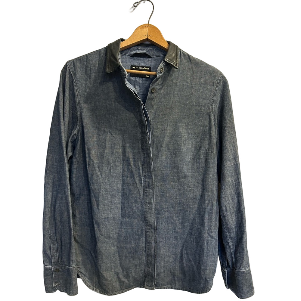 rag & bone/JEAN Chambray Shirt Large Leather Collar 100% Cotton Lambskin Trim